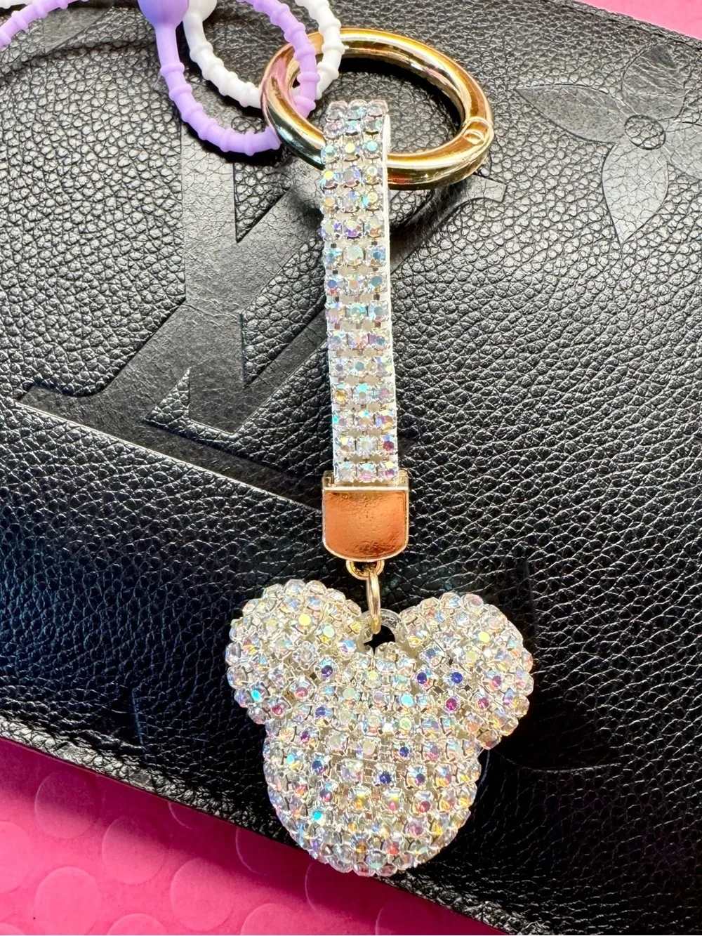 New Iridescent Austrian Crystal Disney Mickey Mouse Style Bag Charm Keychain 5”
